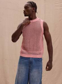 Musero Crew Neck Relaxed Fit Drop Shoulder Crochet Sweater Vest Spring Summer Streetstyle Easter Vacation - Pink - View 1
