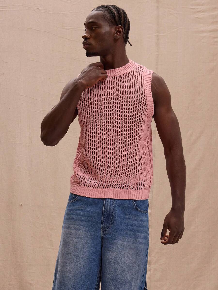 Musero Crew Neck Relaxed Fit Drop Shoulder Crochet Sweater Vest Spring Summer Streetstyle Easter Vacation - Pink - View 1