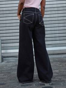 COUREZ Low Rise Super Oversized Jeans With Contrast Seaming Details /Y2K/Casual/Cotton Cotton Cotton Vintage - Light Wash - View 4