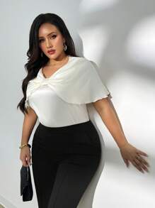 Firerie Áo cánh tay ngắn đi làm thiết kế nơ thanh lịch thoải mái thường ngày cỡ lớn cho nữ, mùa xuân/hè - Màu be - Xem 4