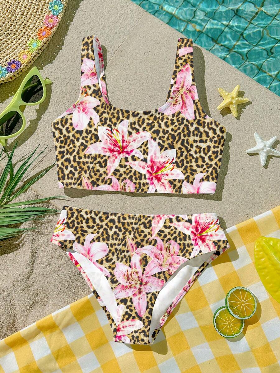 Tween Girls Leopard Lily Print Simple Cami Top And Triangle Brief Swimsuit Set, Suitable For Summer - Multicolor - View 1