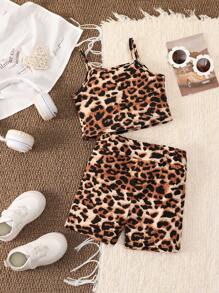 SHEIN 2pcs/Set Young Girl Leopard Print Camisole And Shorts Set - Khaki - View 5