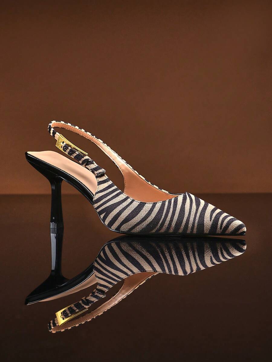 SHUZIA Women's High Heel Pointed Toe, Elegant Zebra Print Fabric Fashionable Buckled Back Strap Shoes For Christmas