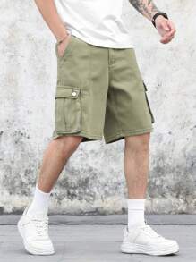 Manfinity Homme Men's Solid Color Pocketed Casual Fashion Relaxed Fit Denim Cargo Shorts