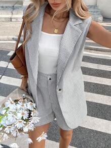 SHEIN LUNE 女式休闲条纹西装外套领短裤带口袋，两件套毕业服装 7 月 4 日白色毕业典礼秋冬