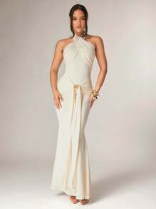 Silquee 女士优雅裹身重叠设计长袖连衣裙，前中开衩，金属扣装饰，弹力针织面料，适合鸡尾酒会、浪漫约会、秋冬季 - 白色 - 查看 4