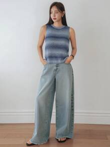 Dazy-Less 女士夏季扎染针织开衫，休闲商务度假套头衫 - 藍色 - 查看 2