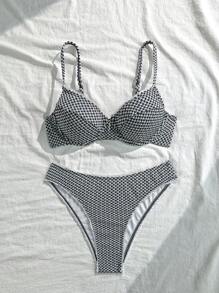 Swim Mod Women's Plaid Print Spaghetti Strap Bikini Set For Summer Beach Vacation - Black and White - View 5