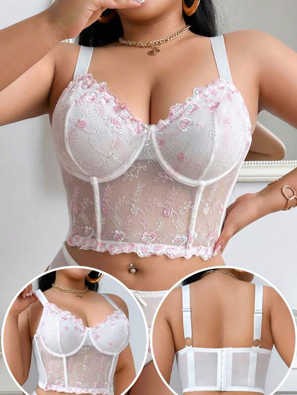 DesireSculpt 1pc Plus Size Mesh Embroidered Underwire Lingerie Bra
