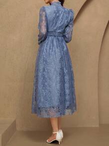 DAZY Vestido de longitud media con cuello de pie de encaje, mangas abultadas, elegante para invitada de boda, primavera, vestidos formales de mujer, vestido de fiesta de otoño - Azul - Ver 2