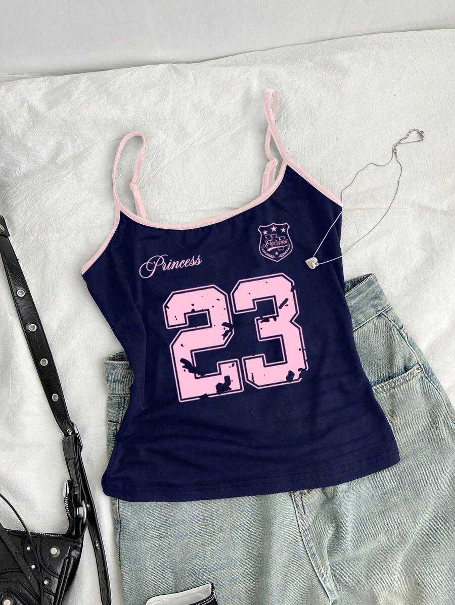 Tween Girls' Fitted Casual 23 Letter Print Camisole Tank Top Activewear Basics