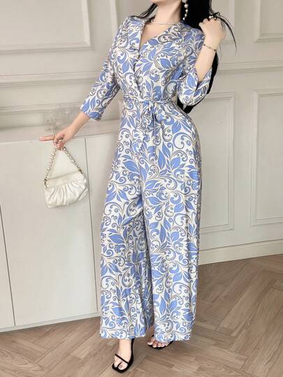 DAZY Mono elegante de pierna ancha con estampado floral y manga 3/4 para mujer, otoño/invierno