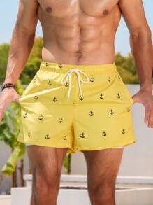 Zalmeno Men's Anchor Print Casual Vacation Beach Shorts, Hawaiian, Men Yellow Swim Trunks, Men Beachwear, Lemon Swim Trunks, Men Bathing Suit Trunks, Swim Wear For Men - Yellow - View 5