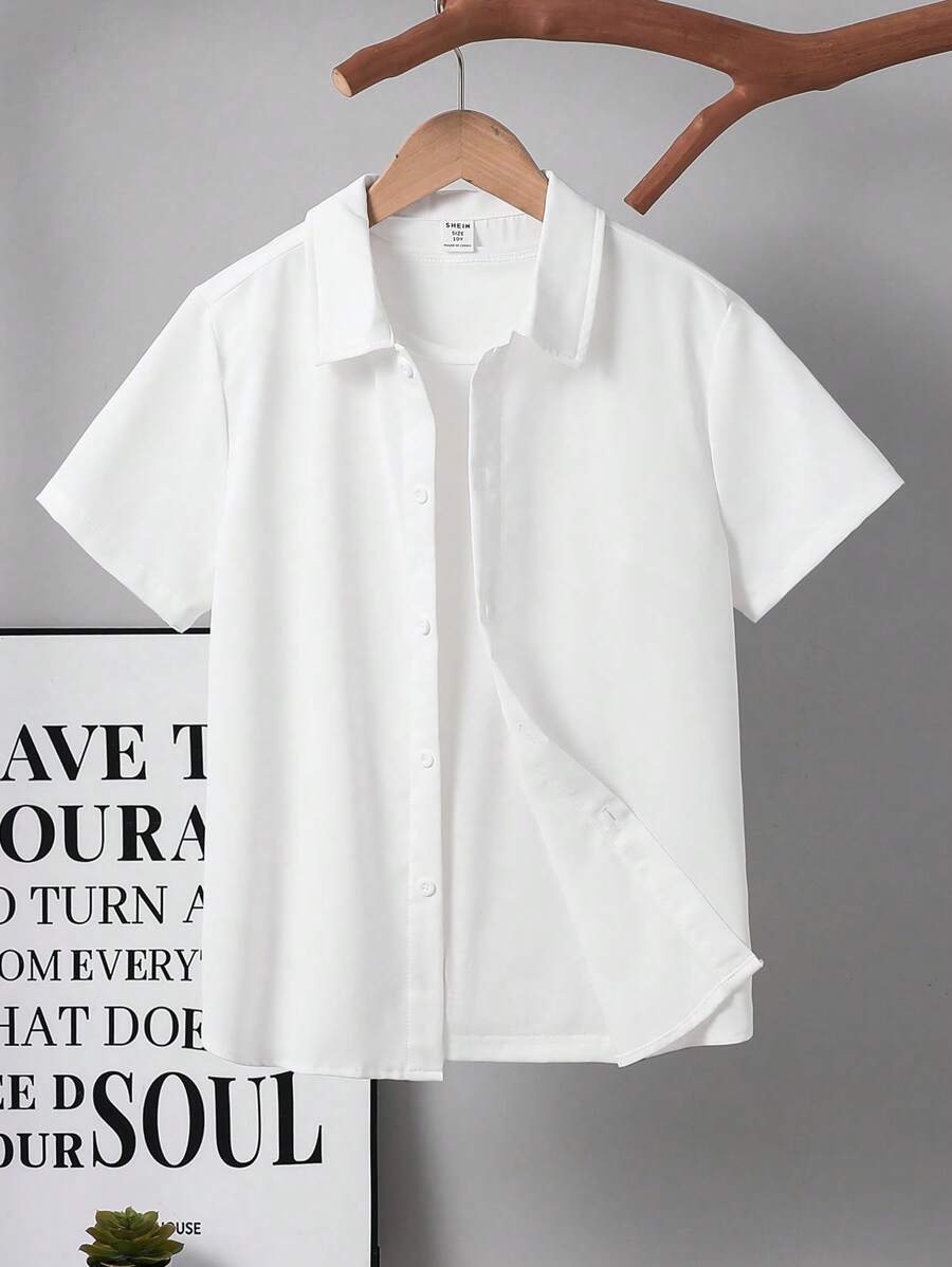 SHEIN Tween Boy Resort-Style Solid Color Lapel Collared Slim Fit Woven Short Sleeve Shirt