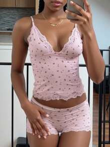 INAWLY Solva Set de 2 piezas para mujer con top de tirantes con encaje y shorts a contraste con estampado floral diminuto