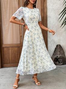 EMERY ROSE 女式优雅迷你碎花圆领短袖中长连衣裙，夏季