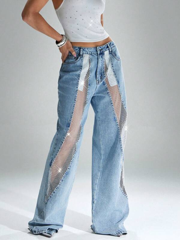 Denimoi Washed Wide Leg Jeans With Rhinestone Mesh Insert