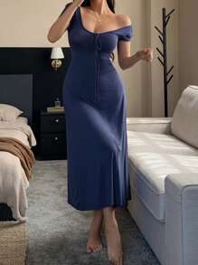 DAZY Solid Color Plunging Neckline Cinched Waist Women's Loungewear Dress Pajama - Blue - View 6