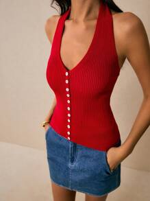 Poéselle 女式性感纯色露背挂脖背心，夏季 - 紅色 - 查看 4
