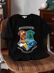 HARRY POTTER X SHEIN Tween Boy Letter & Cartoon Print Casual Round Neck Short Sleeve T-Shirt, Summer