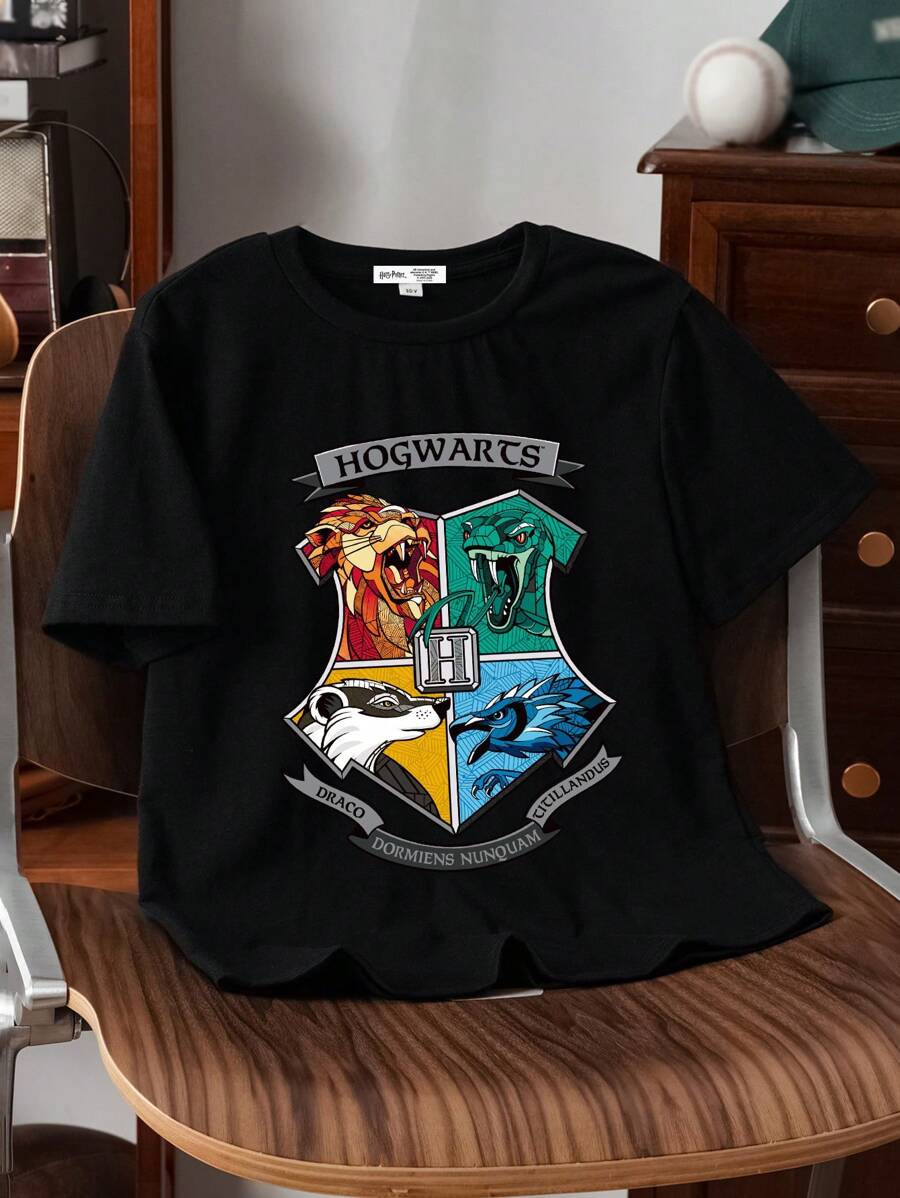HARRY POTTER X SHEIN Tween Boy Letter & Cartoon Print Casual Round Neck Short Sleeve T-Shirt, Summer