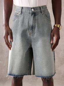 SUMWON 设计师牛仔布短裤百慕大短裤破洞毛边节日夏季休闲街头风格贴花后口袋细节宽松棉质短裤都市青年时尚 - 藍色 - 查看 6