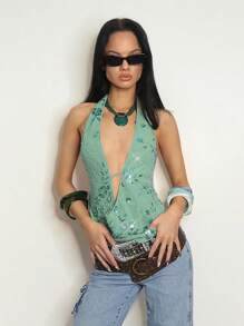 SHEIN ICON Áo ba lỗ hở lưng đính hạt cổ, thời trang cho mùa hè cổ bẻ Trang phục mùa hè ngày 4 tháng 7 dành cho phụ nữ - Màu xanh lam - Xem 1