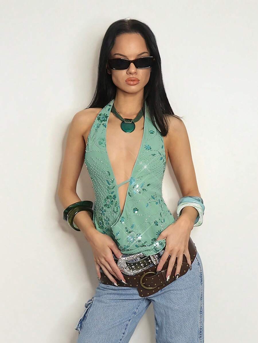 SHEIN ICON Áo ba lỗ hở lưng đính hạt cổ, thời trang cho mùa hè cổ bẻ Trang phục mùa hè ngày 4 tháng 7 dành cho phụ nữ - Màu xanh lam - Xem 1