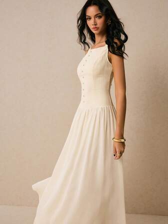 Poéselle Kvinnors enfärgad fyrkantig halsknappdesign Ärmlös lång fritidsklänning