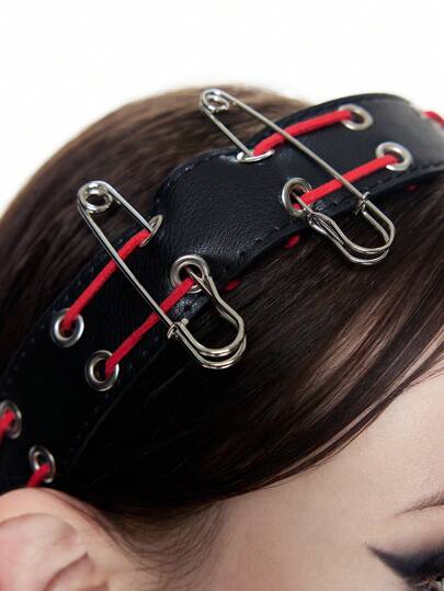 Grunge Punk 1pc Punk Style Hairband With Belt Strap, Colorblock Red & Black Headband, Niche Design Fashionable Hair Accessory Diadema Hair Hoop