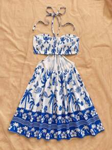 Soleia 浪漫热带植物与鸟类图案女士收腰镂空度假连衣裙，蓝色和白色