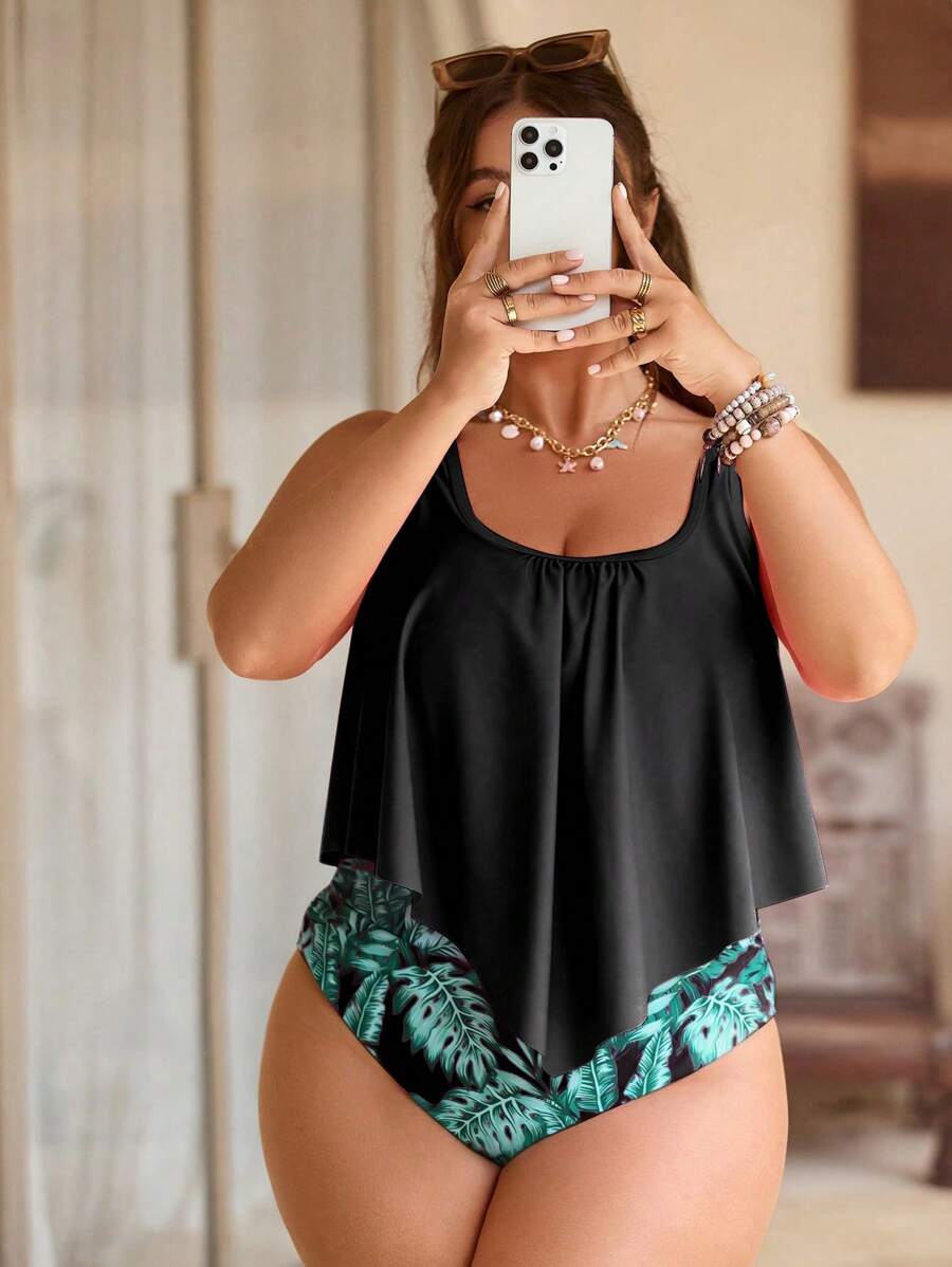 Swim Lushoire 2 件套加大码女式背心和印花褶皱侧裤泳衣，度假沙滩装泳池装 - 黑色 - 查看 1