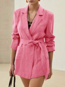 MOTF PREMIUM LINEN BELTED DOUBLE BREASTED JACKET - Hot Pink - View 2