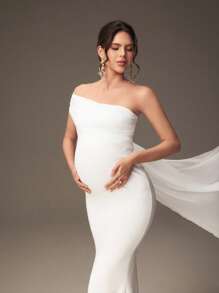 SHEIN Schwangere Frauen einfarbiges Kleid mit asymmetrischem Ausschnitt, elegantes Feenkleid, Fotoshoot-Outfit für Schwangerschaftsfotoshooting