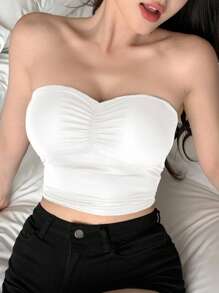 DAZY Pleated Tube Top With Built-In Pads Camisole - White - View 1