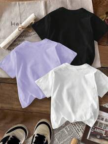 SHEIN Leap Crew 3pcs/Pack Tween Girls Casual Minimalist Cartoon Pattern Multiple T-Shirts, Suitable For Summer, School, Campus, College - Multicolor - View 2