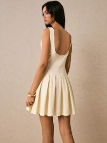 Poéselle Đầm mini hở lưng xếp ly màu trơn thanh lịch cho nữ, mùa hè - trắng - Xem 2