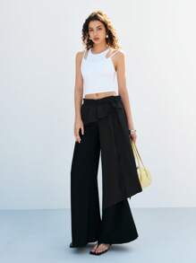 LYSMO Women's Elegant Black Polyester Asymmetrical High-Waisted Flared Leg Pants Skirt With Zipper Detail - Black - View 7