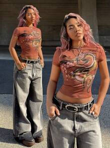 StreetHx 女款中国水墨龙纹短袖T恤 - 咖啡棕 - 查看 1