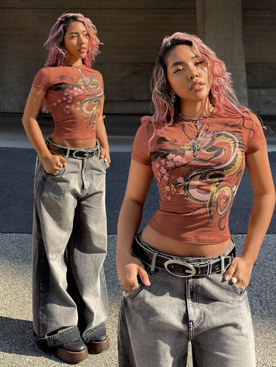 StreetHx 女款中国水墨龙纹短袖T恤 - 咖啡棕 - 查看 1