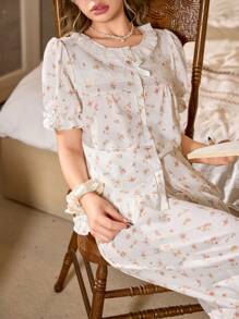 CottageSlumber Conjunto de pijama para mujer con cuello redondo, manga corta con volantes y pantalones estilo romántico con estampado floral pequeño para la temporada de vacaciones