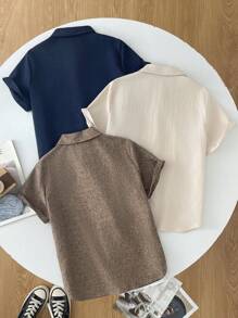 3pcs Tween Boy Set: Loose Casual Versatile Small Collar Leather Patch Woven Short Sleeve Shirt, Suitable For School, Party, Evening, Travel - Apricot - View 2