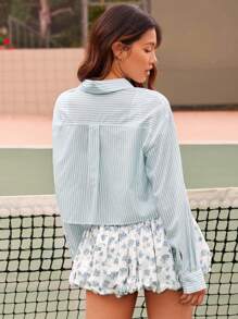 WESTFADE 棉质府绸条纹花卉印花口袋宽松短款学院风长袖纽扣衬衫休闲夏季度假上衣 - 淺藍色 - 查看 5