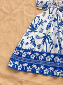 Soleia 浪漫热带植物与鸟类图案女士收腰镂空度假连衣裙，蓝色和白色