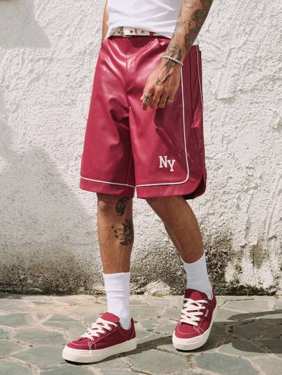 Prep Pantaloncini da uomo in pelle PU alla moda, modello ampio con stampa di lettere e tasche