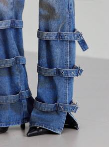 LYSMO Jeans casual a zampa con tasche e design con fibbia regolabile per donna