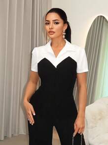 SHEIN SXY 单色撞色二合一商务休闲衬衫 - 黑與白 - 查看 7