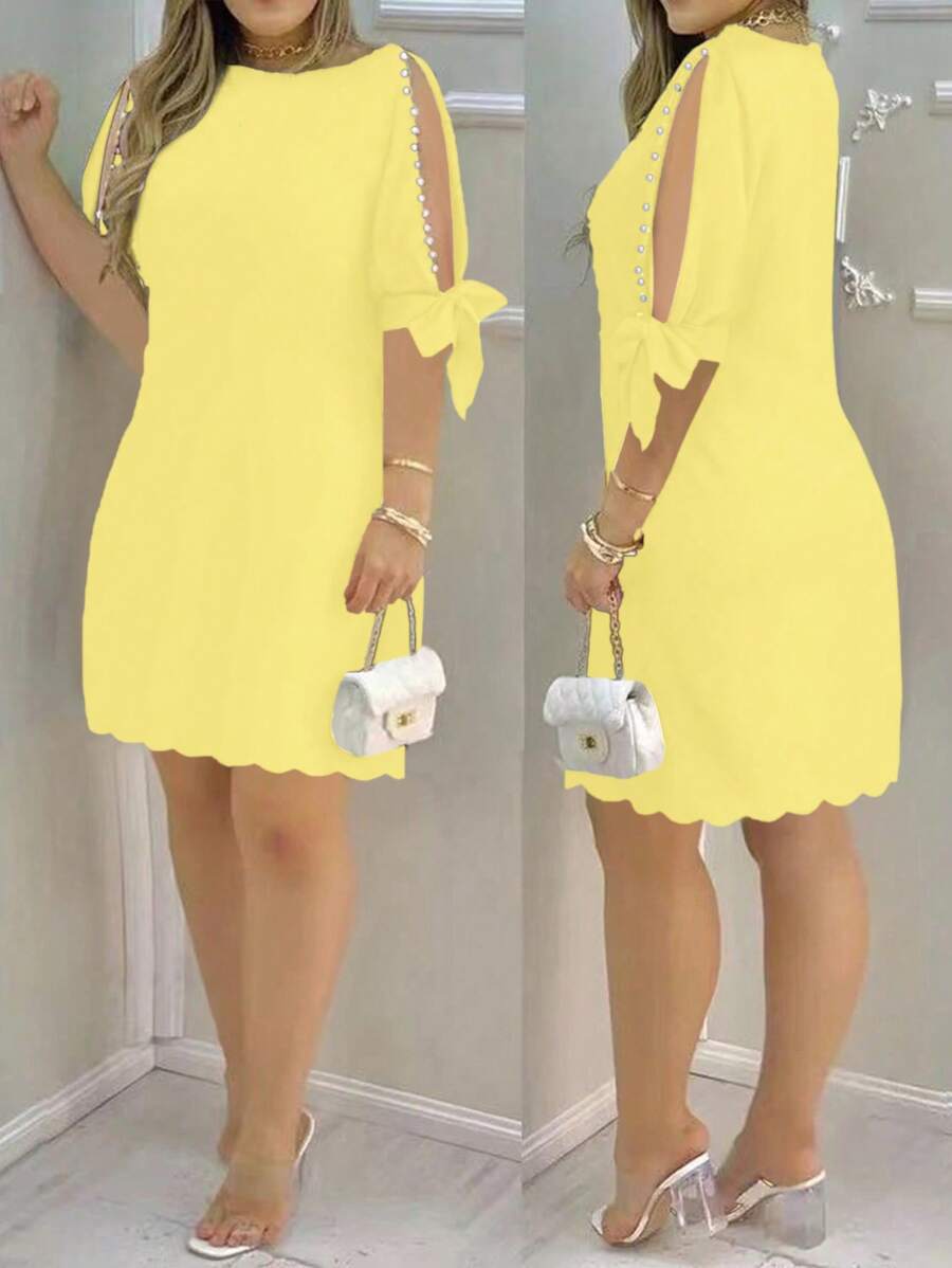 Elenzga 女士优雅仿珍珠和串珠贝壳边连衣裙，夏季 - 黃色 - 查看 1