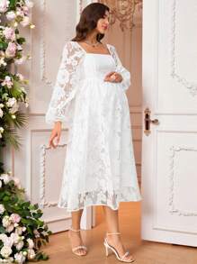 Loomaby Pregnant Women Floral Jacquard Mesh V-Neck Lantern Sleeve Elegant Maternity Dress Baby Shower Maternity  Maxi Dresses Classy Outfits Fairycore