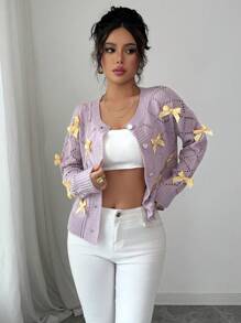 Elenzga Spring/Summer Cardigan With Hollow Bowknot Decor, Lightweight Fall Cloth For Women - Mauve Purple - View 1